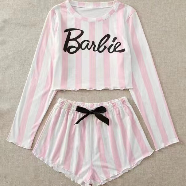 Cross-border popular pink and white striped pajamas women's suit casual long-sleeved shorts Women's Home wear two-piece suit