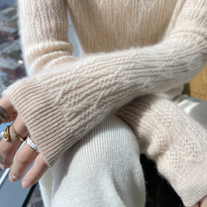 Elegant hollow-out pure cashmere women's 2023 autumn and winter pullover turtleneck knitted bottoming shirt with pile collar sweater