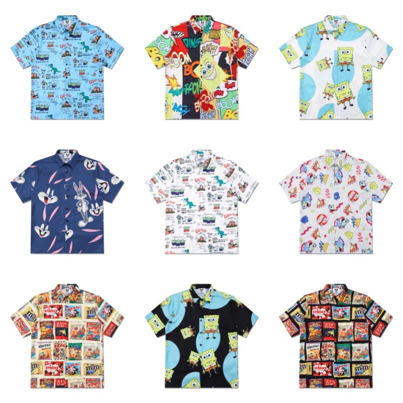 Chao Shen's Summer European and American Cartoon 3D Printed Three-eye Short-sleeved Casual Beach Shirt Loose Collar Cardigan for Men