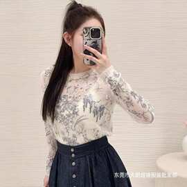 批发水墨细绒圆领长袖莱塞尔天丝蝶恋花印花宽松时尚上衣新款洋气