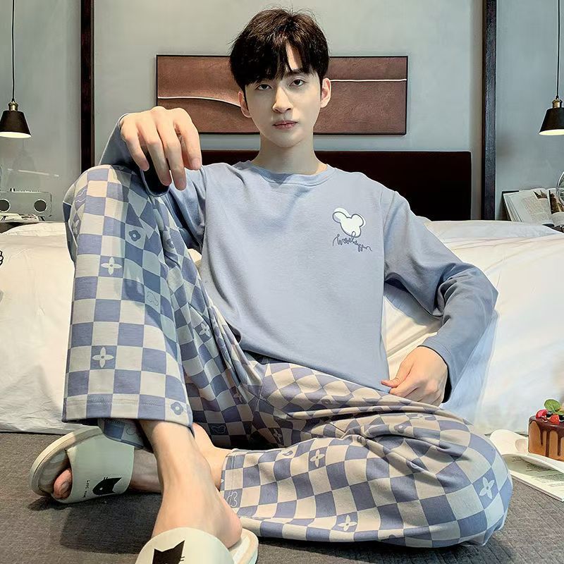 2026 pijamas de manga larga para hombres primavera y otoño simple chaqueta casual juvenil invierno set de ropa de hogar se puede usar para el comercio exterior