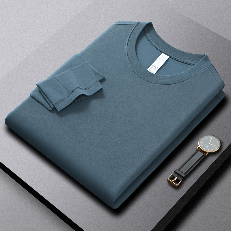 205G新氧棉净版长袖t恤衫休闲百搭经典圆领纯色简约打底男士上衣t