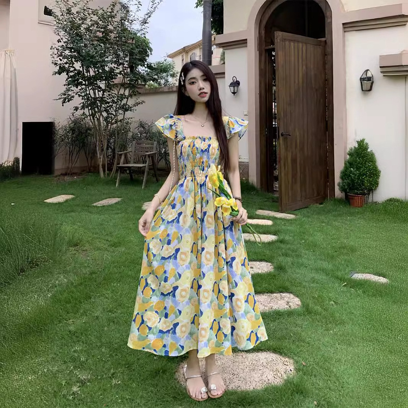 French Hepburn Style British Style Small Flying Sleeves Square Collar Tea Break Long Skirt Pleated Waist Dress Women's 2025 Summer Skirt French Hepburn Style British Style Small Flying Sleeves Square Collar Tea Break Long Skirt Pleated Waist Dress Women's 2025 Summer Skirt