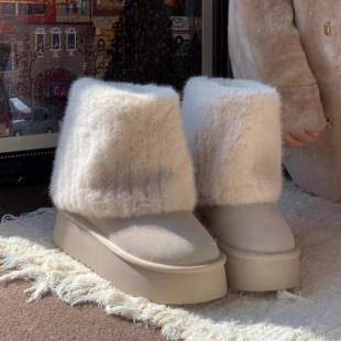 35-43 feet fat size women's shoes Iceland snow boots imitation mink hair stitching fleece-lined warm padded bottom cotton boots
