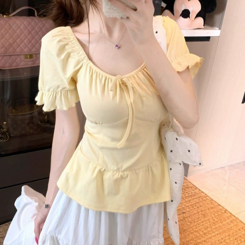 Женская рубашка с короткими рукавами и рюшами больших размеров, лето 2025, новый стиль, закрывающий живот и утягивающий топ