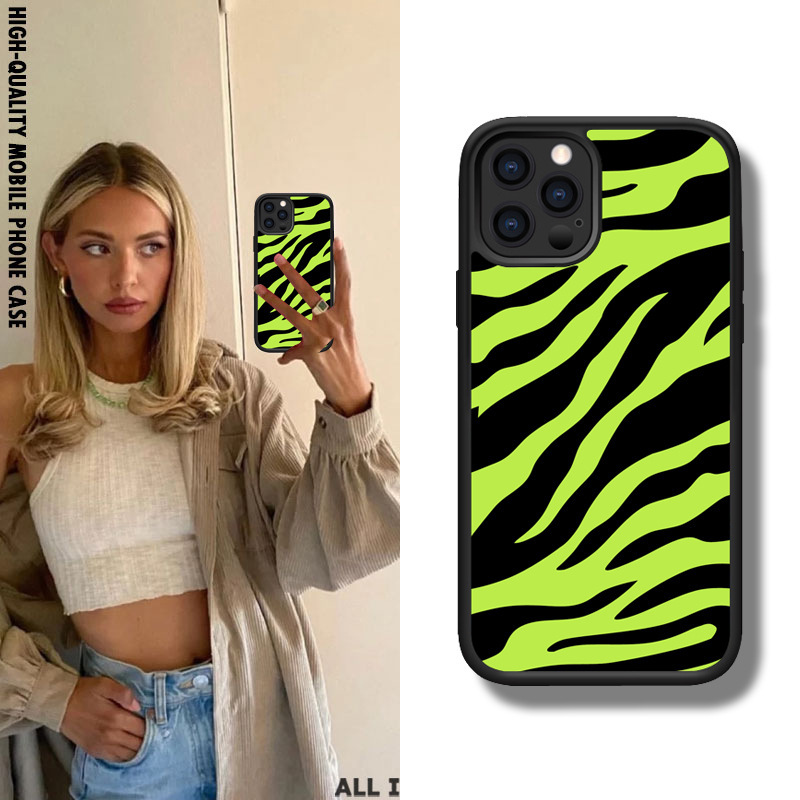 Iphone13/14/15/16 Apple 17Promax Wildflower Green Zebra Pattern Soft Anti-Fall All-Inclusive Mobile Phone Case
