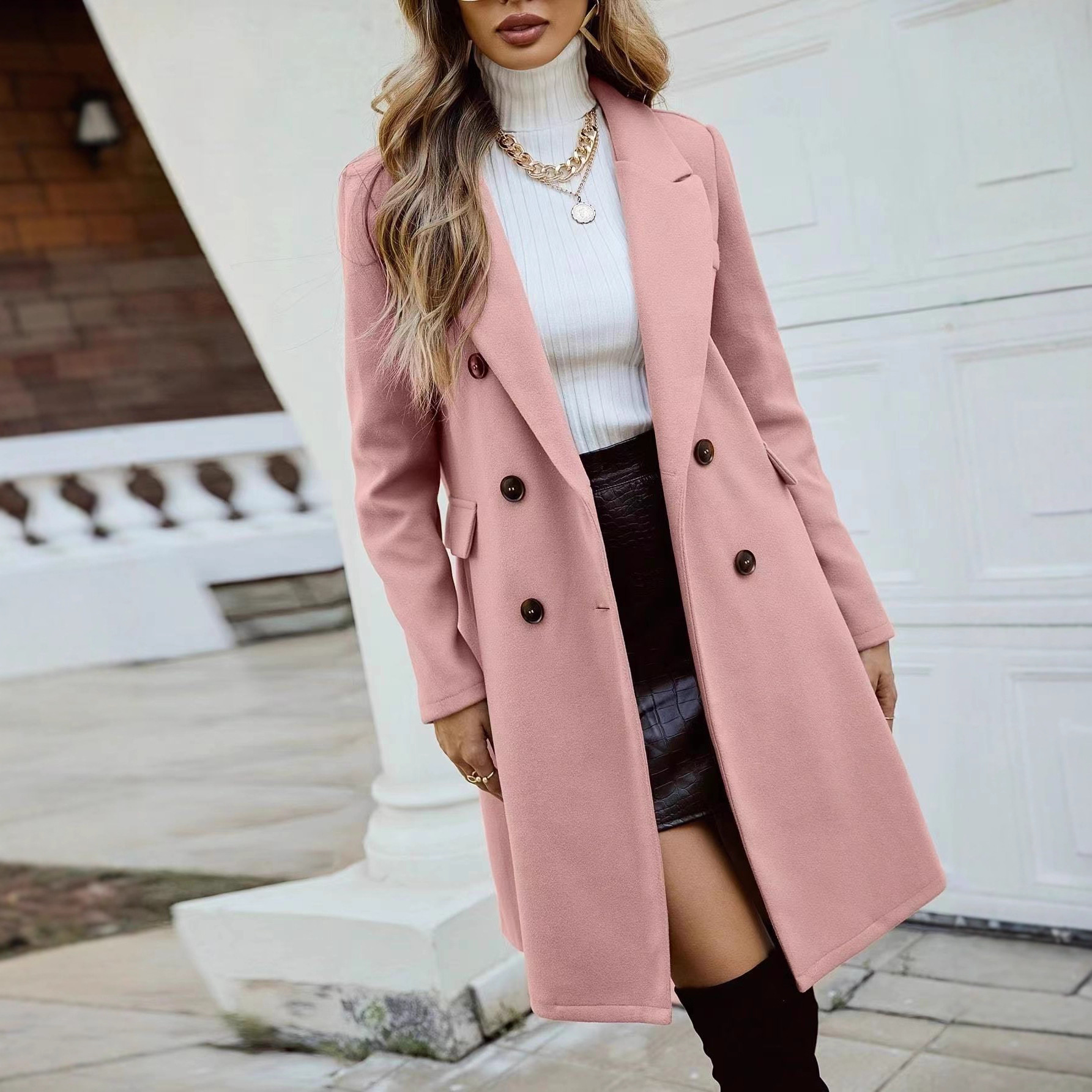 2024跨境欧美贸易爆款秋冬女士气质优雅外套双排扣秋冬呢子大衣