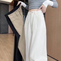 白色洗水棉阔腿裤女秋季美式工装牛仔裤小个子垂感遮胯直筒休闲裤