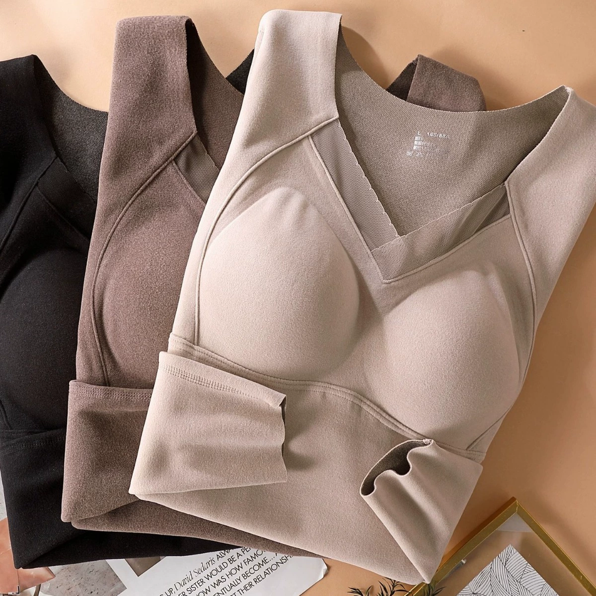 Keep warm long-sleeve, top with cups, underwear, bra