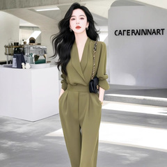 高冷御姐風グリーンワンピース気質名媛高級感独特超美しいファッションストレートパンツ春