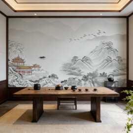2026新款宋氏美学壁画酒店茶室餐饮店背景墙专用3d立体墙布