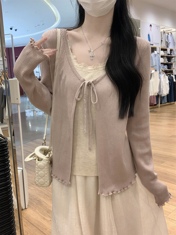 美式2025秋季韩版假两件木耳边设计感6羊毛长袖针织衫打底女上衣|undefined