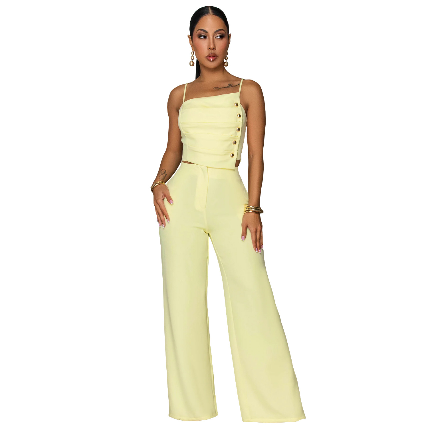 C7739 transfronterizo 2026 nueva ropa de mujer de color sólido pliegue hebilla de metal chaqueta de cinturón pantalones largos de piernas largas dos piezas set