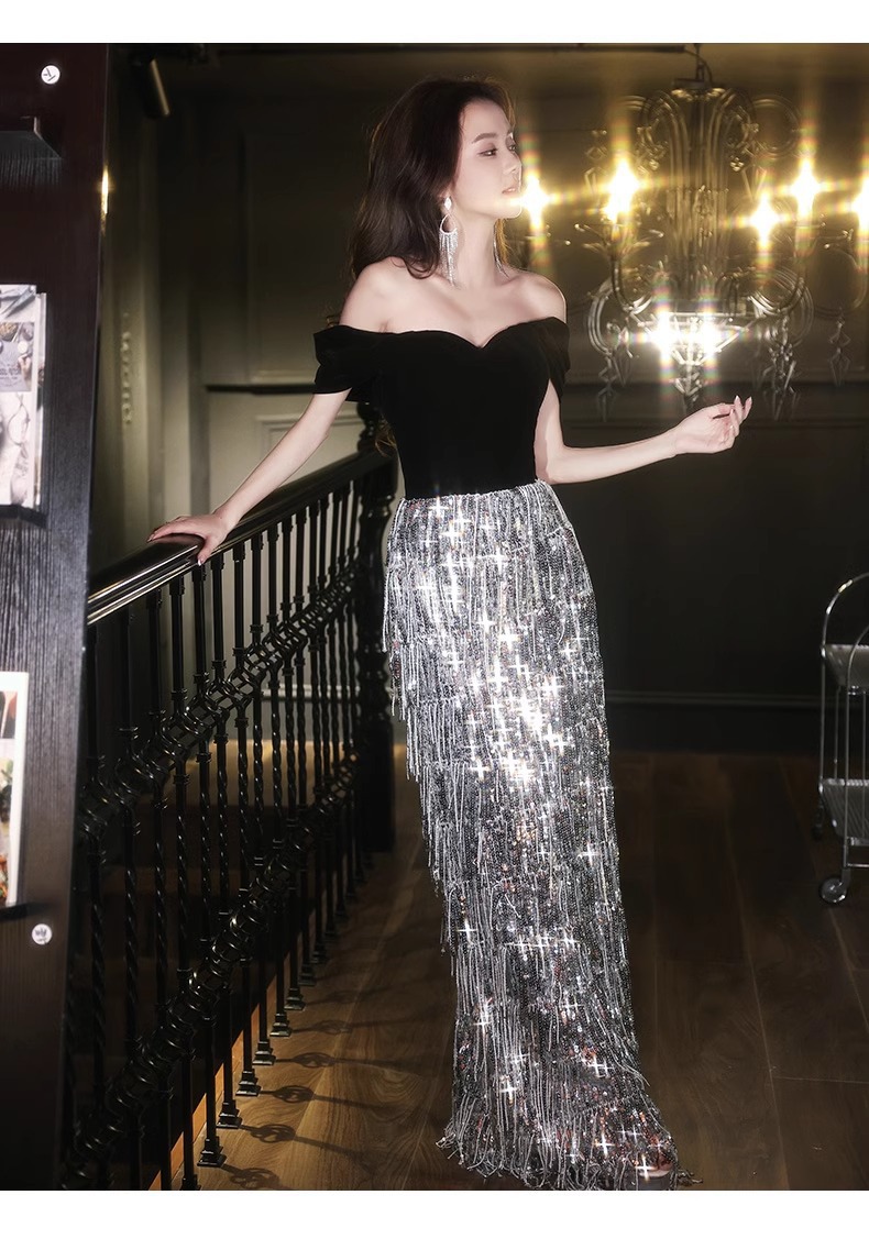 Đầm dạ hội nữ trễ vai đính sequin phong cách Pháp — Màu hình ảnh mẫu dài chi tiết 8