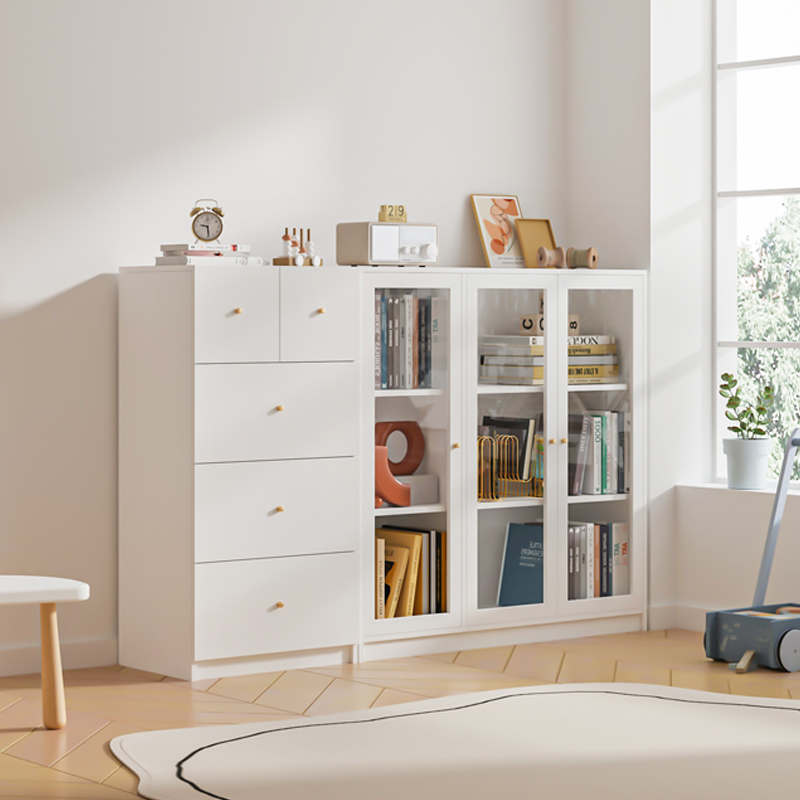 7W Solid Wood Bookcase with Glass Door Living Room Low Cabinet Combination Cabinet Home Storage Rack Floor-Standing Bookshelf Storage