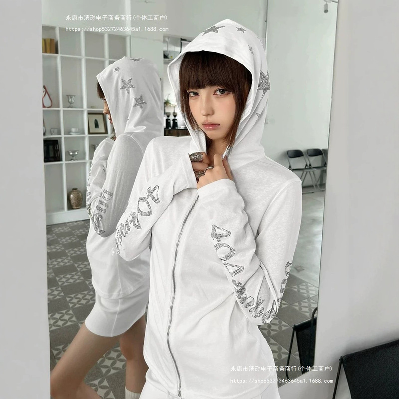 Shipped # Platinum zipper + original pattern with hot-stamped rhinestones [Guangzhou Snowflake Ice Cool Cotton] hooded protective coat in white