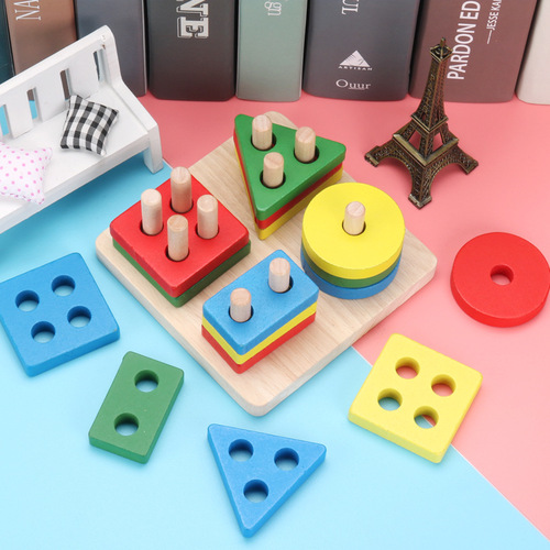Montessori teaching aids wooden geometric shape columns five sets of columns wisdom columns children's cognitive building blocks matching educational toys