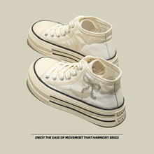 欧洲站高级感百搭小白鞋女2025新款帆布鞋透气网面高帮休闲板鞋