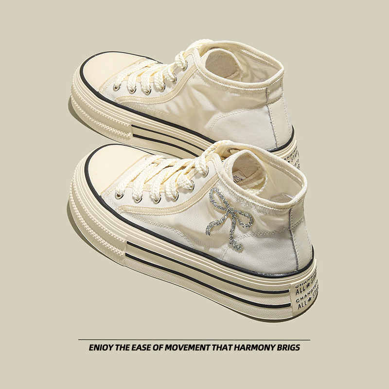 欧洲站高级感百搭小白鞋女2025新款帆布鞋透气网面高帮休闲板鞋