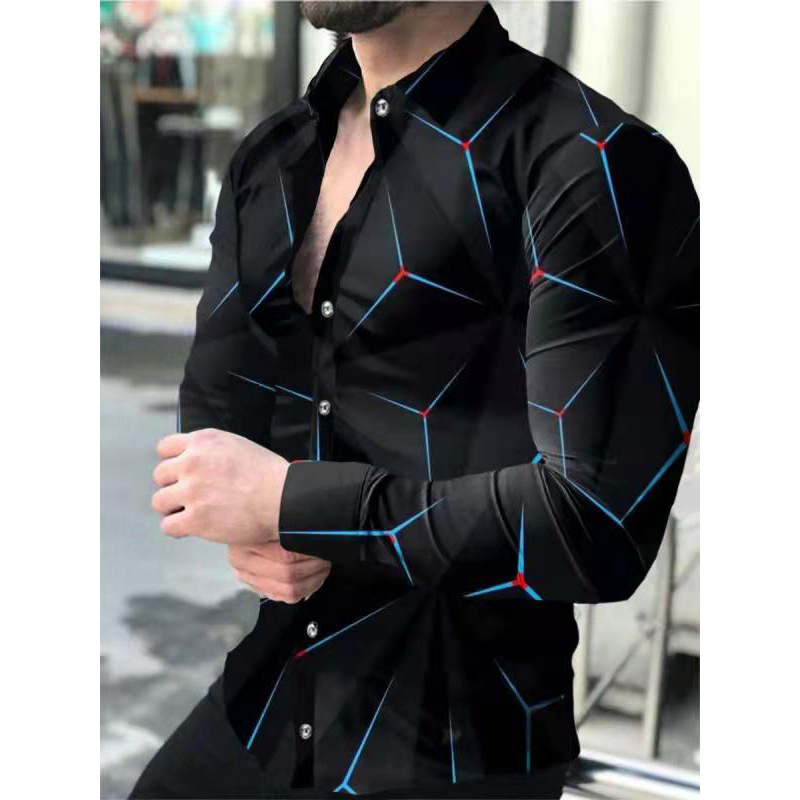 Comercio exterior transfronterizo nuevos hombres 3D impresión europea y americana casual calle moda impresión digital camisa de manga larga camisa delgada de los hombres