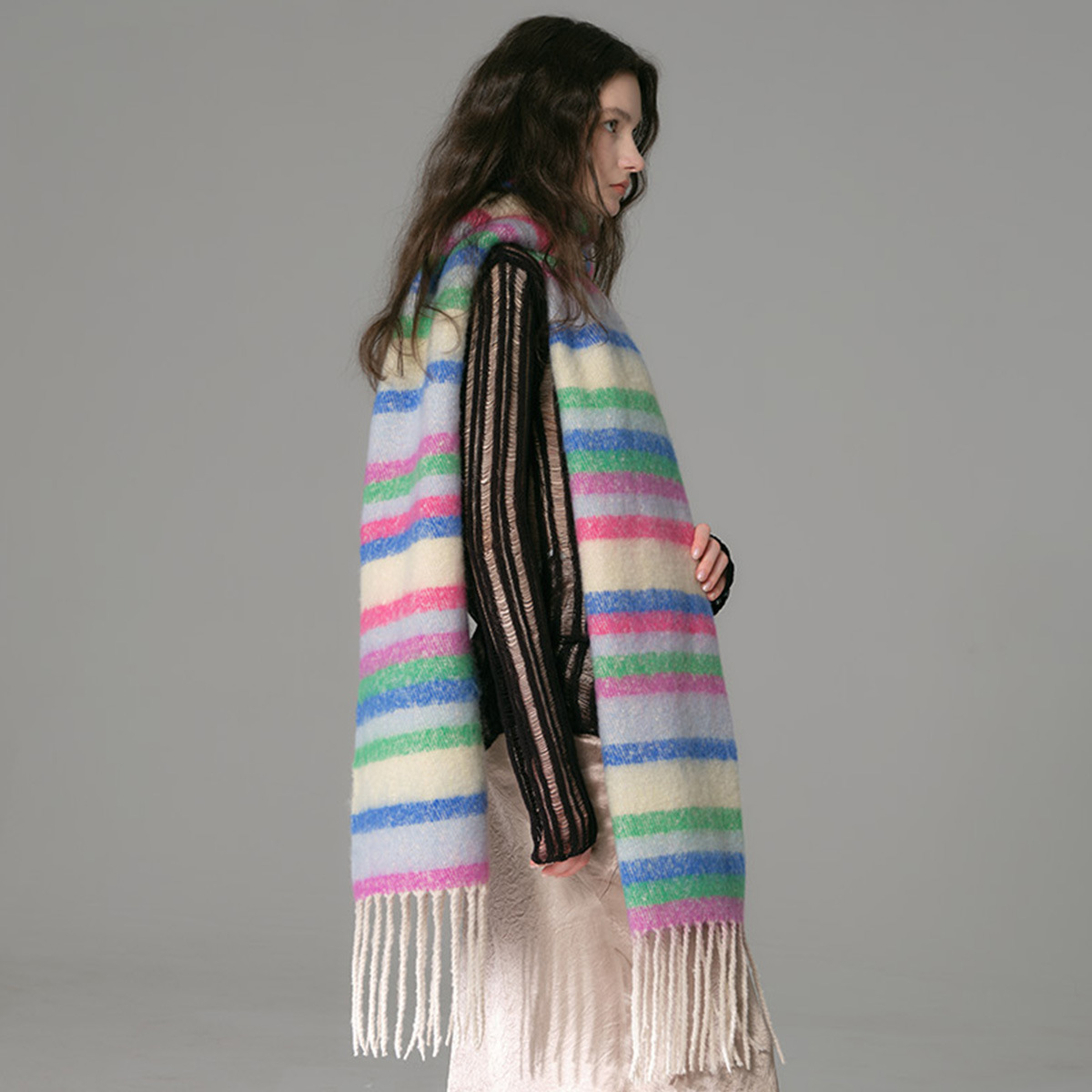 Bunter Gestreifter Fransenschal Für Damen Warmer Winterschal_voghion.com