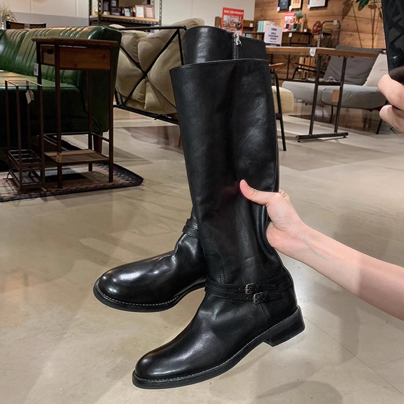 Grape Mom otoño e invierno nuevo ~ Doble hebilla con cabeza redonda pero botas altas con cremallera lateral en la rodilla botas de caballero de tacón grueso mujeres