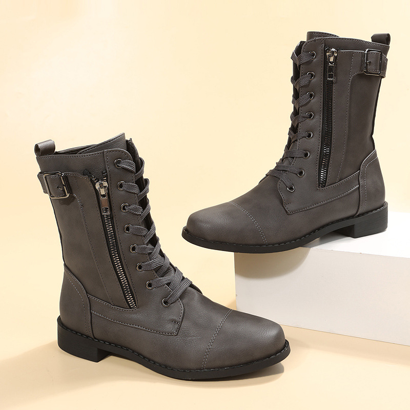 Chaussures pour femmes nouvelles bottes Martin à bout rond et à talon bas avec fermeture éclair sur le côté pour femmes, bottes en cuir rétro à talon carré et tube moyen de grande taille_voghion.com