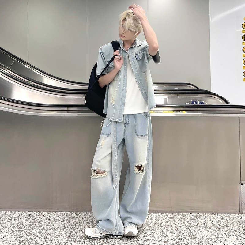 Light Blue Ripped Denim Shirt Suit Men's Design Handsome Straight Wide Leg Pants Summer Fashion Two-Piece Set