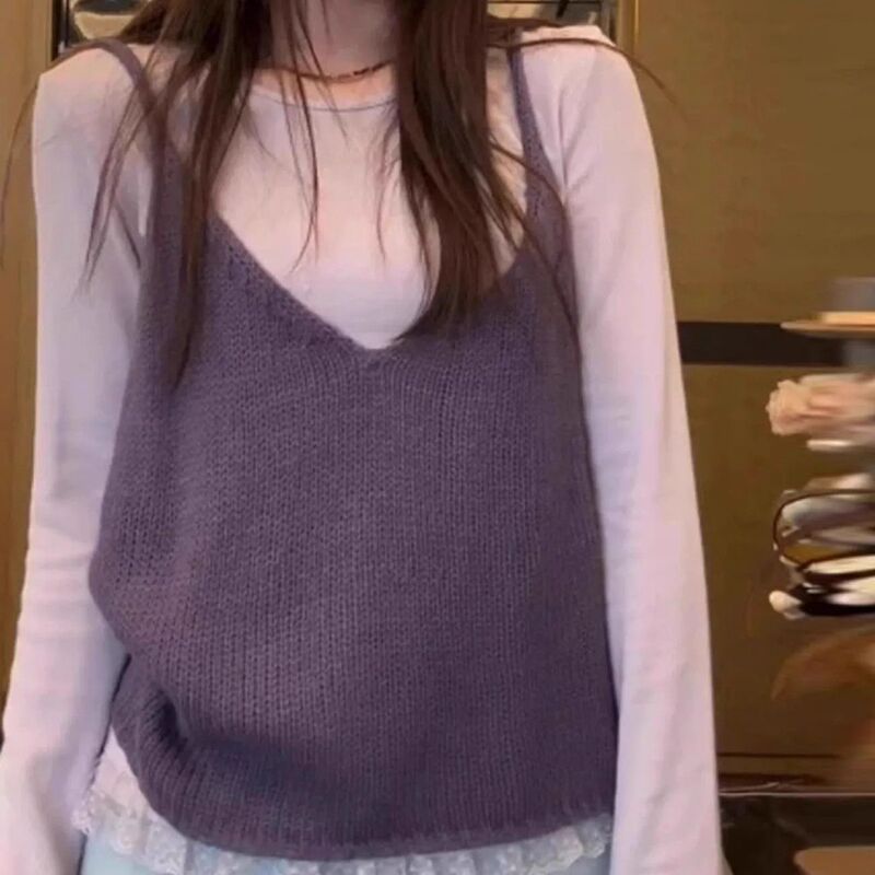 Purple Knitted Camisole Layered with a Top, Two-Piece Set for Women, Korean Style Early Autumn Vibe Outfit, Base Layer Shirt Purple Knitted Camisole Layered with a Top, Two-Piece Set for Women, Korean Style Early Autumn Vibe Outfit, Base Layer Shirt