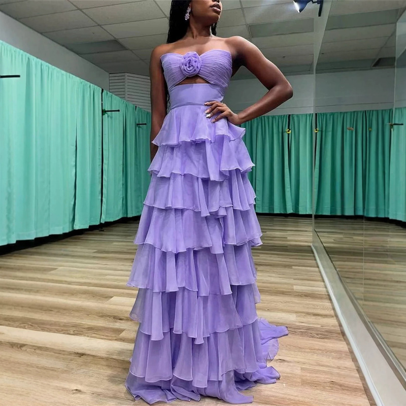 AliExpress foreign trade strapless evening dress with hollow-out design, slit party dress, light luxury elegant layered long dress AliExpress foreign trade strapless evening dress with hollow-out design, slit party dress, light luxury elegant layered long dress