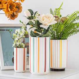 手工彩绘条纹陶瓷装饰花瓶插花高级感ins摆件干花鲜花水培插花器