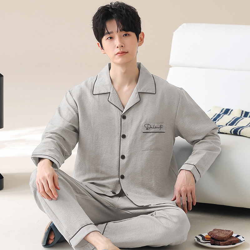 2025 New Pajamas Men's Spring and Autumn Cloud Cotton Long Sleeves Trousers Thin Teenage Boys Home Clothing Set