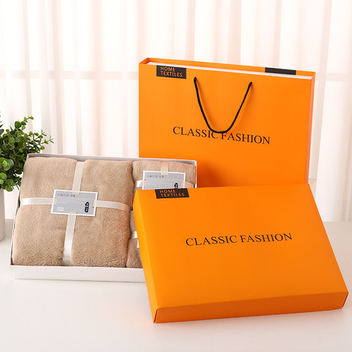 Coral Velvet Towel Set Gift Box Three-Piece Set with Carrying Bag, Water- Absorbent Advertisements for Wedding Use, Gift for Guests, Towels