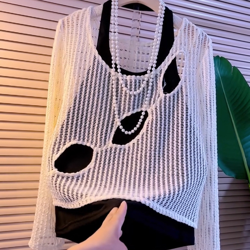 플러스 사이즈 유럽 패션 서양식 여성 디자인 슬링 할로우 니트 이른 가을 벨리 커버링을위한 새로운 올 매치 탑