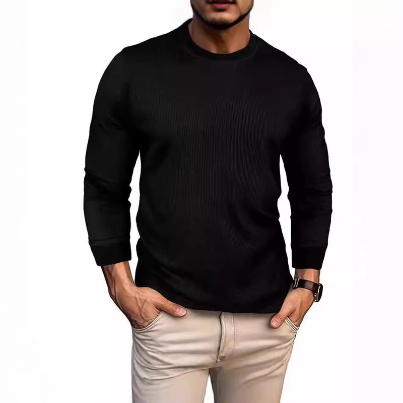 2023 Autumn and Winter Round Neck Long Sleeve T-shirt Foreign Trade Cross-border Men's Wear European and American Men's Waffles Basic T-shirt