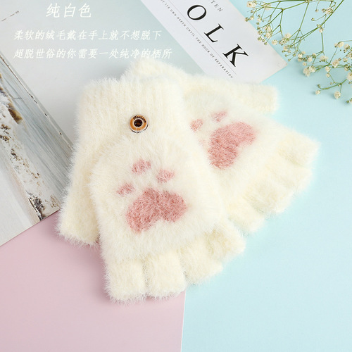 Winter New Adult Student Half Finger Foldable Bear Paws Dual-Use Warm Gloves Direct Manufacturer Sale