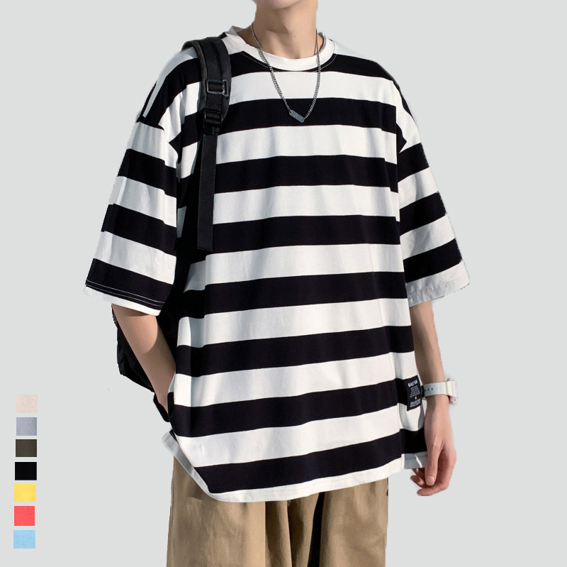 Striped Short-Sleeved T-Shirt Men's Summer Thin Ins Hong Kong Style Large Size High Street Fashion Brand Trendyy Versatile Loose Five-Point T-Shirt Striped Short-Sleeved T-Shirt Men's Summer Thin Ins Hong Kong Style Large Size High Street Fashion Brand Trendyy Versatile Loose Five-Point T-Shirt