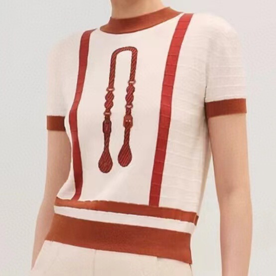Special Offer Aijia Summer New Style Rope Pattern Embroidered Round Neck Fashionable Short-Sleeved Women's Knit Top