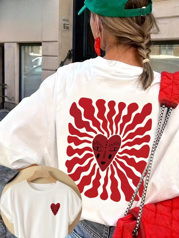 Abstract Heart-Shaped Face T-Shirt for Women, Aesthetic Sunlight Pattern T-Shirt, Summer Short Sleeve Harajuku Street Casual Women's Cotton Top