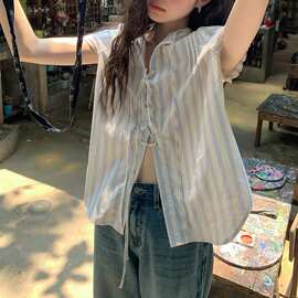 【原版质量做法】设计感独特绝美条纹短袖上衣女夏季衬衫小衫韩系