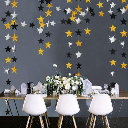 New Year Decoration Birthday Wedding Venue Atmosphere Layout Black Gold Glitter Discs Star Latte Art Hangings Wholesale Customization