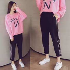 春季韩版运动裤女长裤子宽松显瘦胖MM大码休闲哈伦裤200斤运动裤