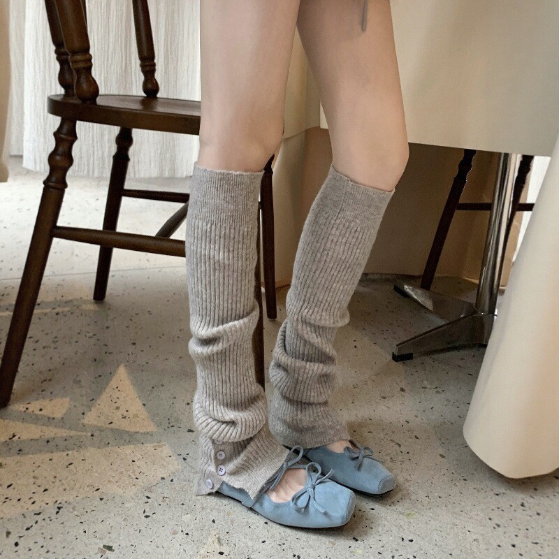 纯色基础款针织袜套女秋冬纽扣开叉小众设计长筒堆堆袜小腿袜腿套|undefined
