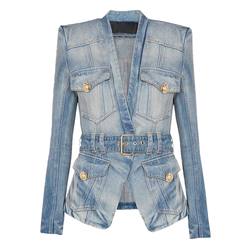 High Street Fashion 2026 Designer Fashion High-End Slim-Fit Belted Washed Denim Blazer Jacket