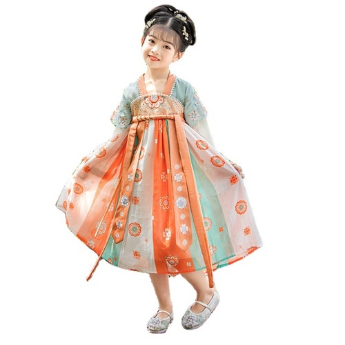 Children orange fairy hanfu super girl folk dance dresses ancient traditional dance costume of spring fairy elegant Chinese girl chest Ru cuhk children dress skirt