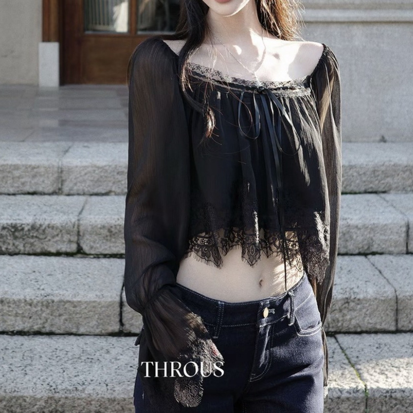 Xie Burou Lace-trimmed Flared Long-sleeved Chiffon Blouse for Women, Autumn Short Gentle Babydoll Top 53053