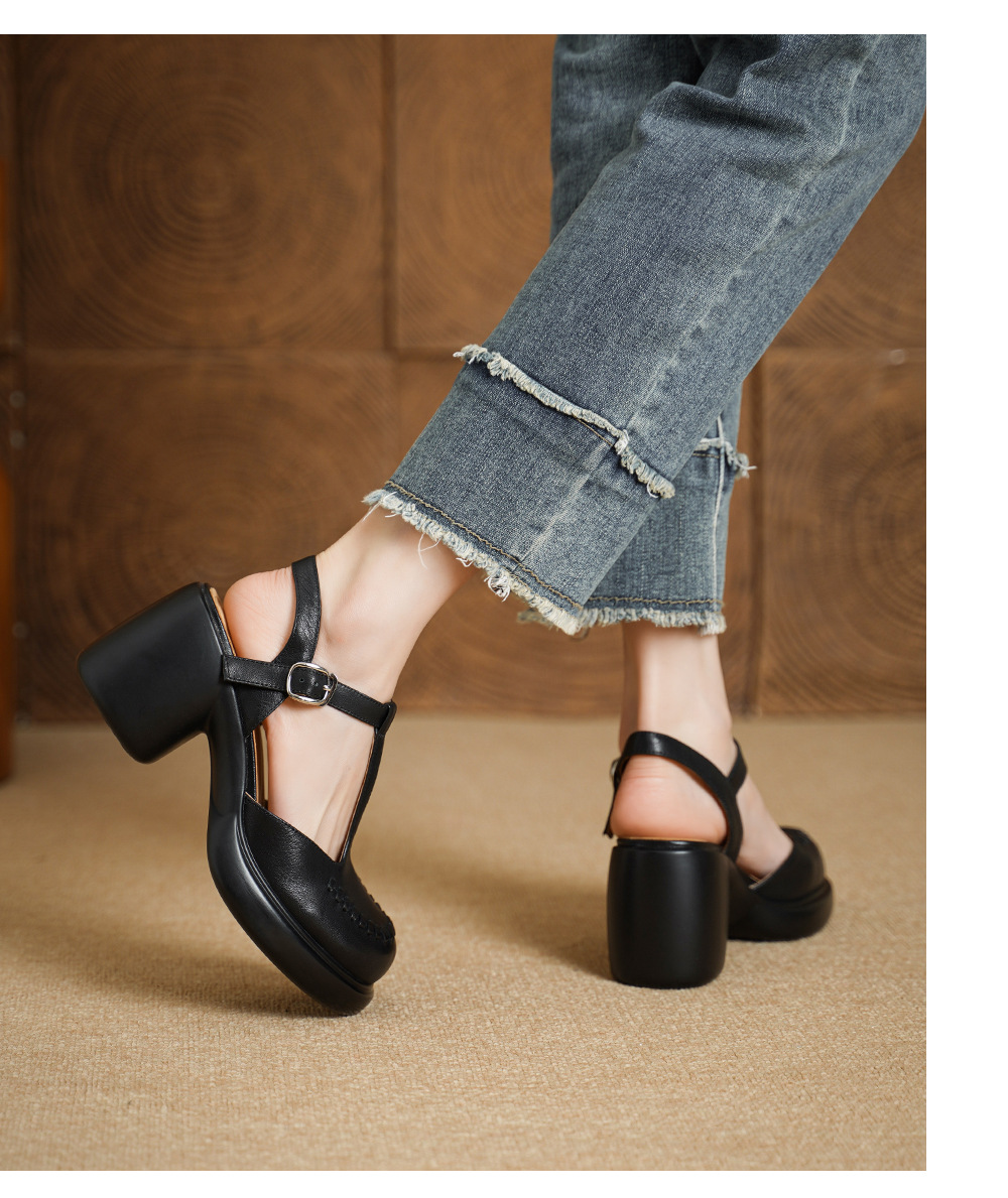 Sandal cao gót nữ quai ngang mũi nhọn da bò thật, gót 8 cm đế dày — đen chi tiết 10