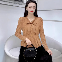 法式时尚长袖蕾丝衫女士早秋新款洋气系带V领上衣百搭修身打底衫
