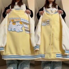 美式潮牌重工猫咪刺绣撞色棒球服外套女2025秋季新款学生开衫夹克