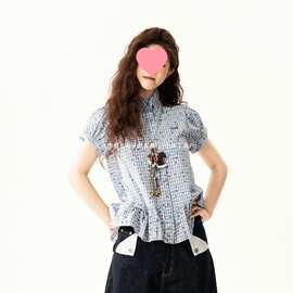 复古百搭彩色波点格子短袖衬衫女夏季新款修身百搭衬衣潮